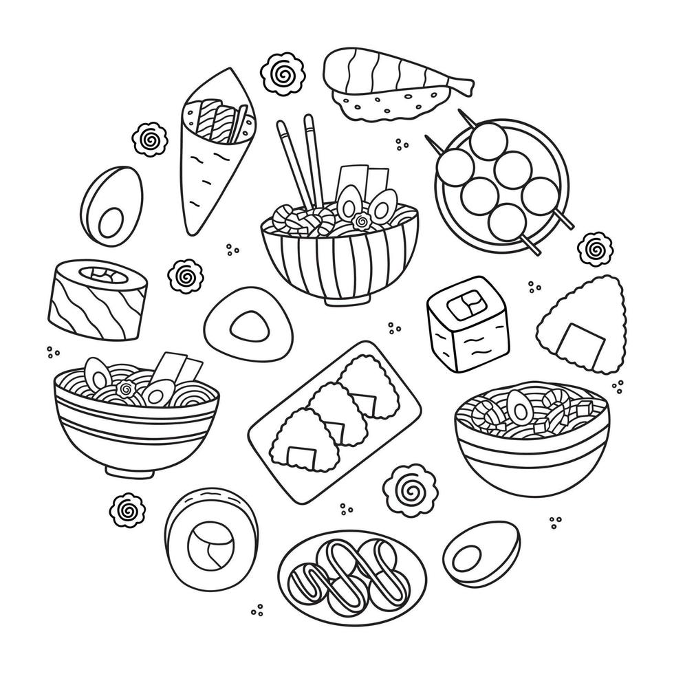 Japanese food doodle set. Asian cuisine. Ramen, sushi, onigiri, dango in sketch style. Hand drawn vector illustration isolated on white background