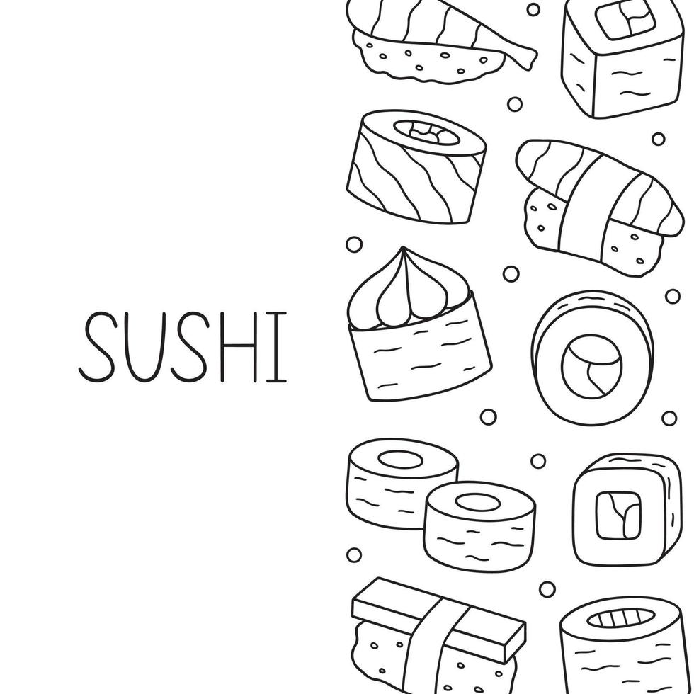 juego de garabatos de sushi y rollos. comida japonesa en estilo boceto. ilustración vectorial dibujada a mano aislada sobre fondo blanco vector