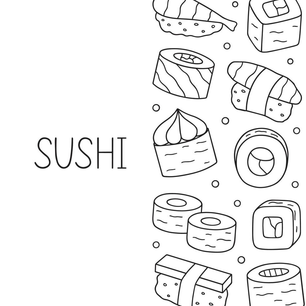 Sushi and rolls doodle set. Japanese food in sketch style. Hand drawn vector illustration isolated on white background