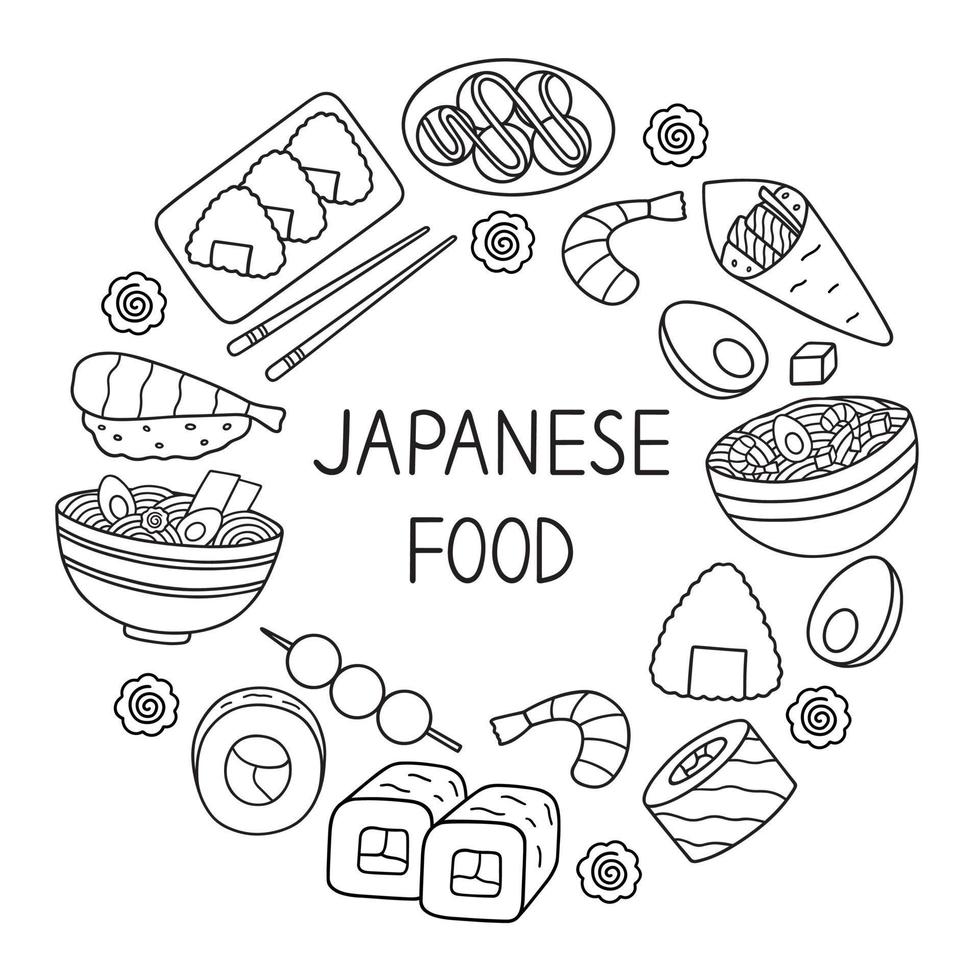 Japanese food doodle set. Asian cuisine. Ramen, sushi, onigiri, dango in sketch style. Hand drawn vector illustration isolated on white background