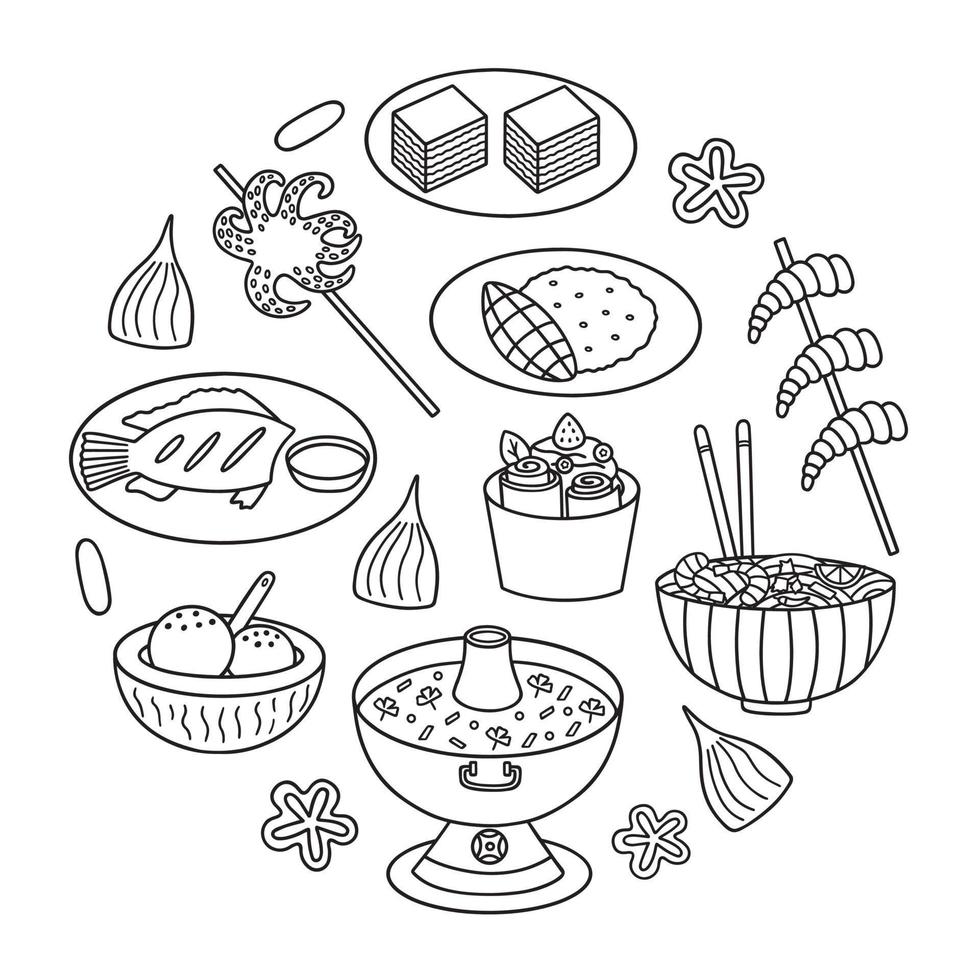 Thai food doodle set. Asian cuisine. Tom yum, fried ice cream, octopus in sketch style. Hand drawn vector illustration isolated on white background