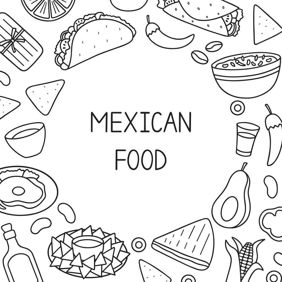 Mexican food doodle set. Mexican cuisine. Burrito, taco, nachos in sketch style. Hand drawn vector illustration isolated on white background