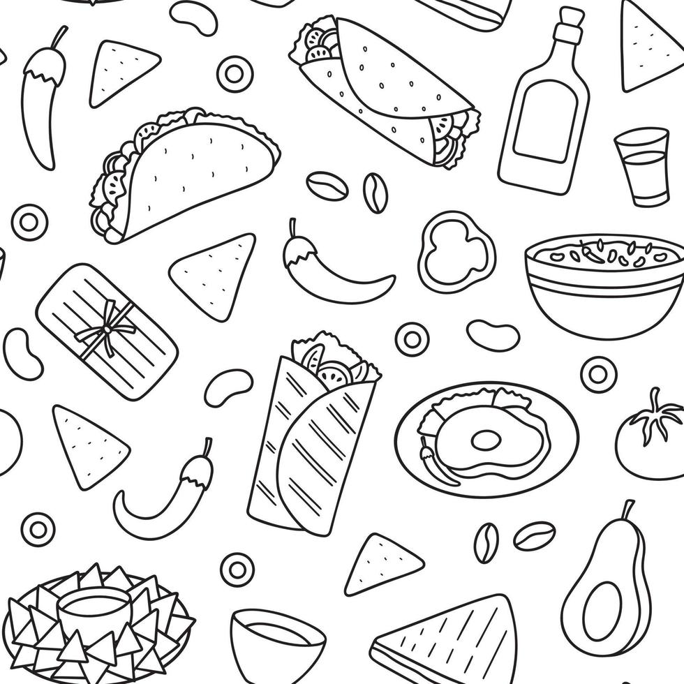 Seamless pattern of Mexican food doodle set. Mexican cuisine. Burrito, taco, nachos in sketch style. Hand drawn vector illustration isolated on white background