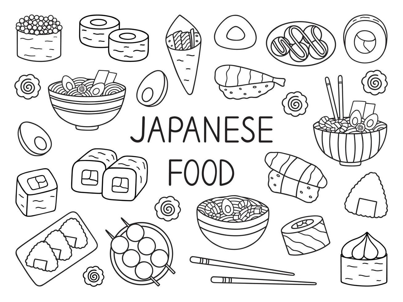 Japanese food doodle set. Asian cuisine. Ramen, sushi, onigiri, dango in sketch style. Hand drawn vector illustration isolated on white background