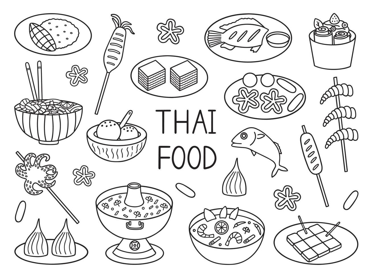 Thai food doodle set. Asian cuisine. Tom yum, fried ice cream, octopus in sketch style. Hand drawn vector illustration isolated on white background