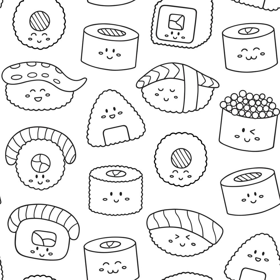 Seamless pattern of cute sushi and rolls doodle. Japanese food in sketch style. Hand drawn vector illustration
