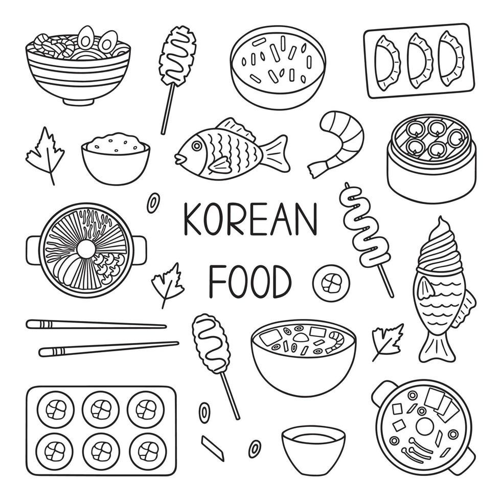 Korean food doodle set. Asian cuisine. Bibimbap, mandu, ramyeon in sketch style. Hand drawn vector illustration isolated on white background