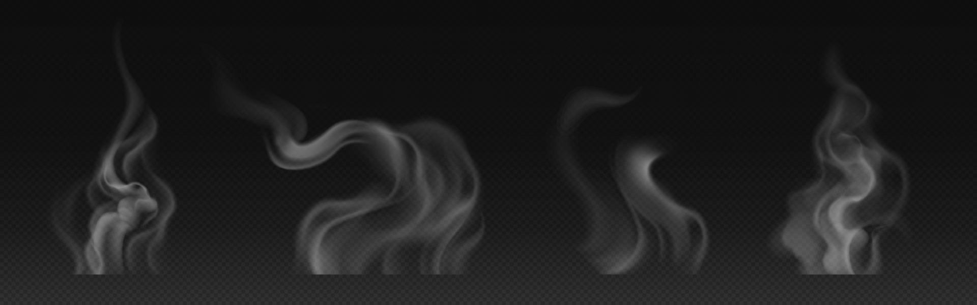 humo de té, taza de café, vapor de comida o nubes de vapor sobre fondo negro. vector
