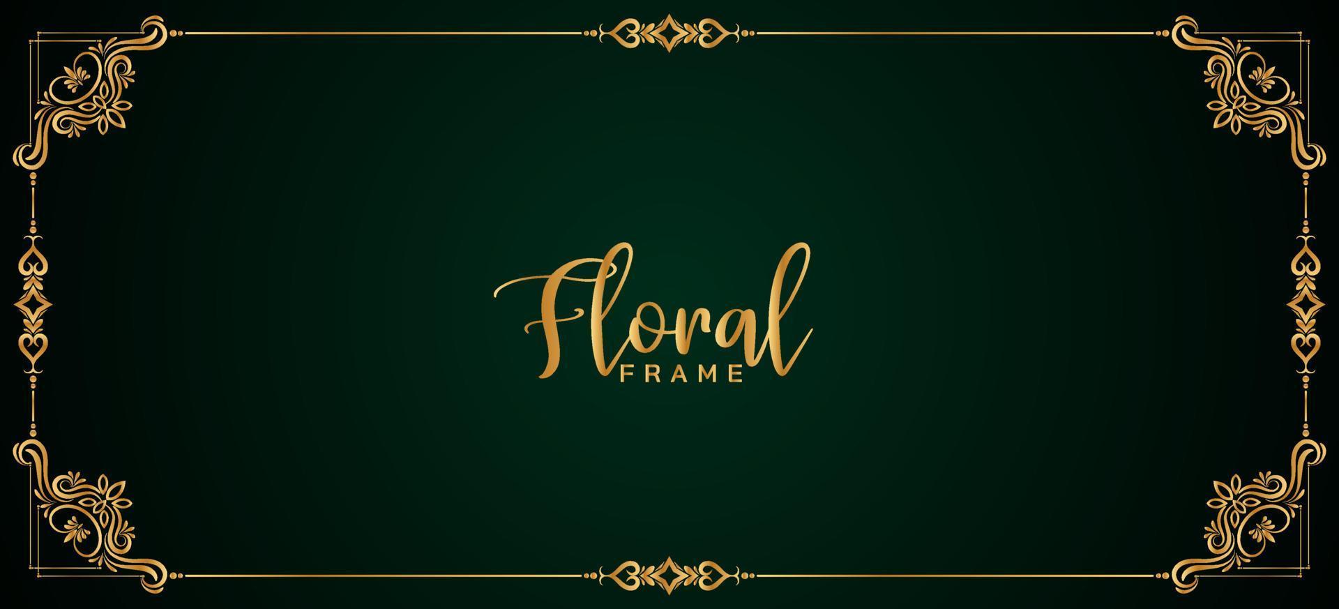 Abstract golden floral frame border dark green banner design vector