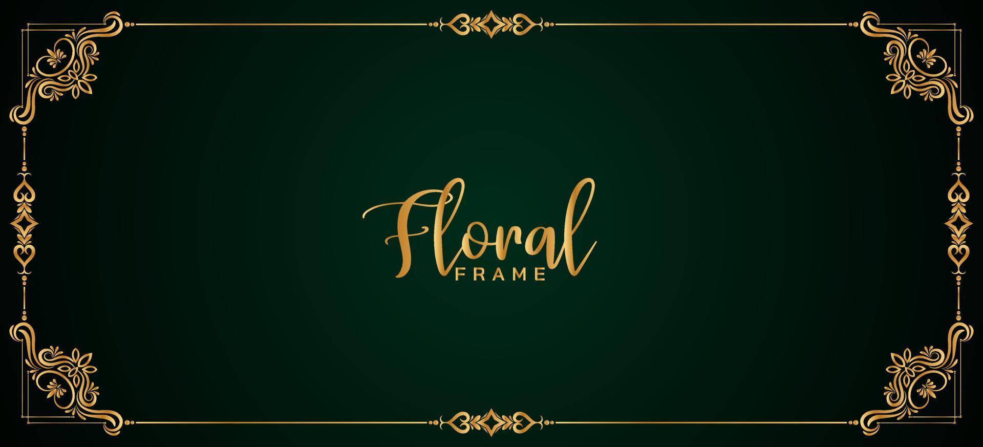 Abstract golden floral frame border dark green banner design vector