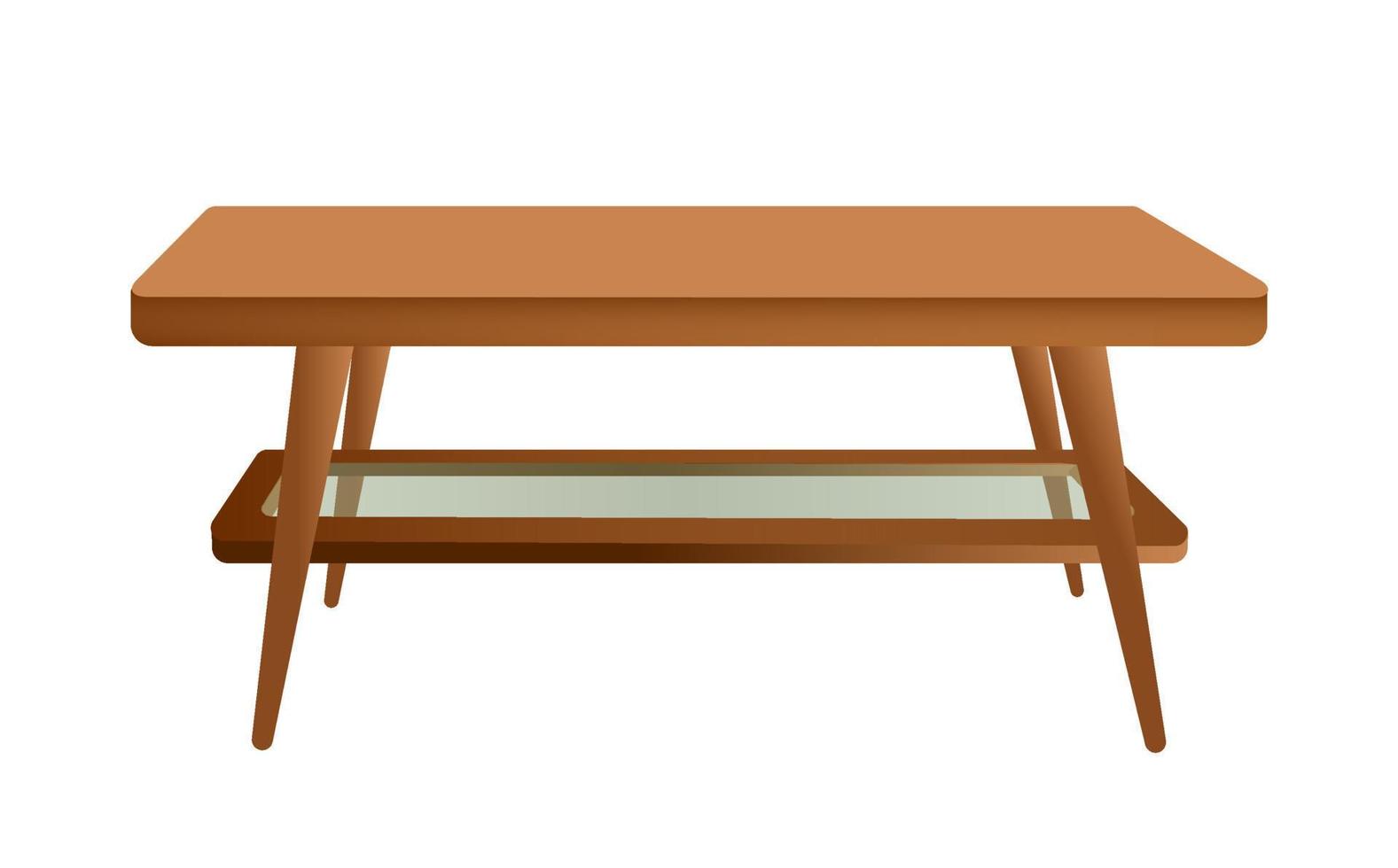 Coffee table for the living room. Wooden table with glass shelf. Vector illustration. Isolated objects on a white background.