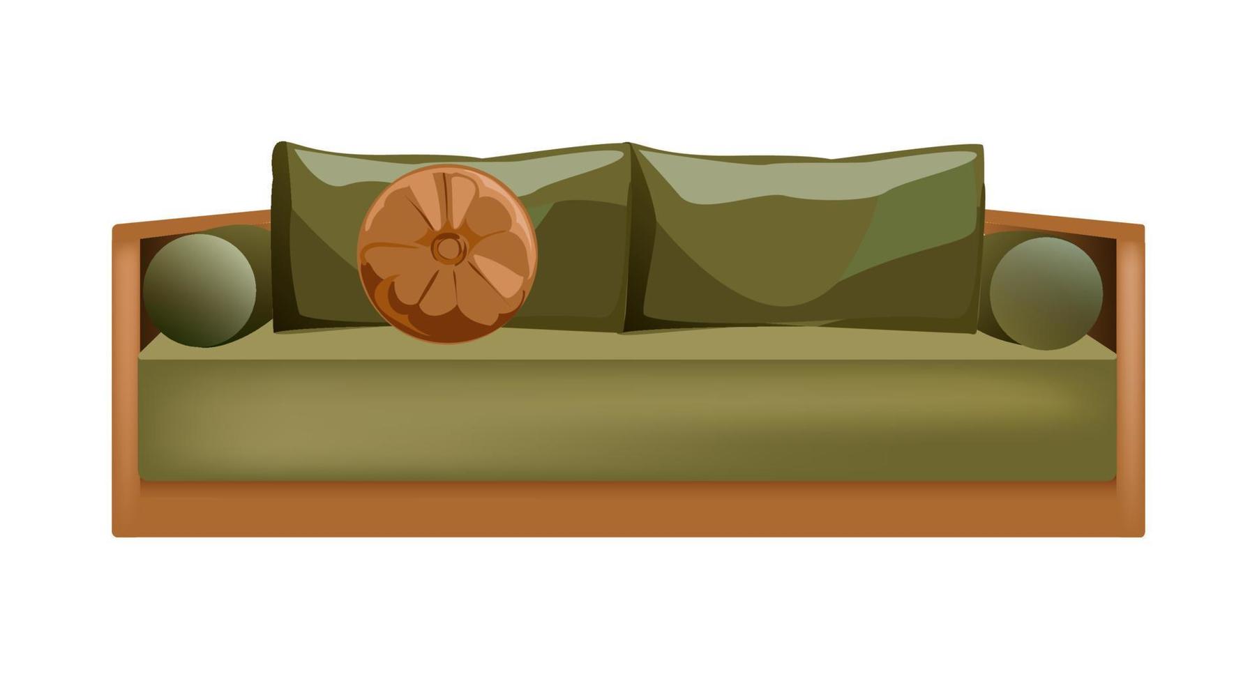 Green sofa vector flat illustration. Modern fabric couch with pillow and armrests isolated on white background.