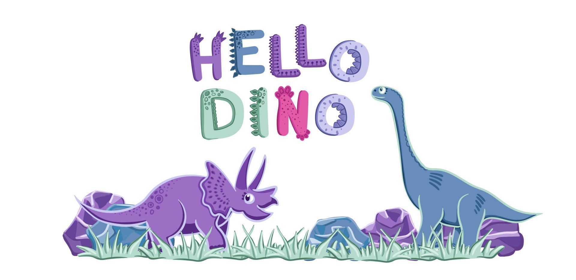 The inscription hello dino on a white background. Cute alphabet. Children s poster with a cute Scandinavian style alphabet. Lovely letters. vector