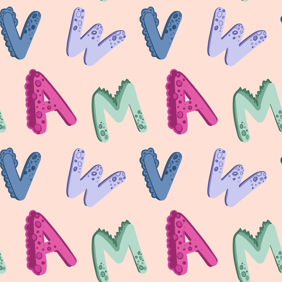 ABC seamless pattern in simple cartoon style. Cute dinosaur alphabet print - hand drawn childish seamless pattern design. Digital paper. vector