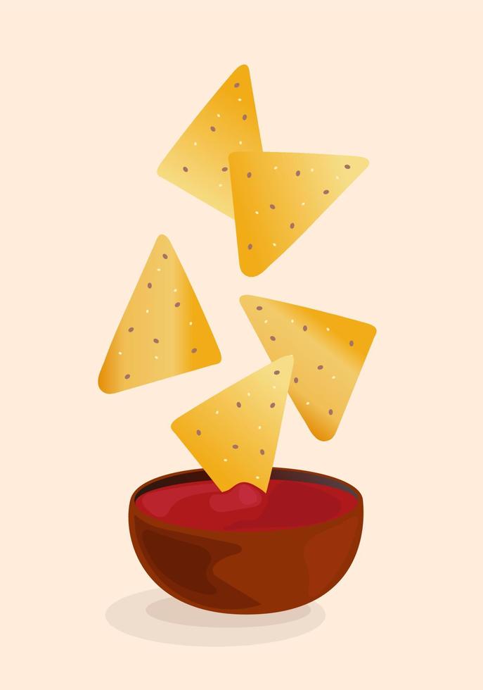 nachos voladores con salsa. comida nacional mexicana. ilustración de la cocina tradicional mexicana. comida rápida. dibujo de comida callejera. mejor para el menú del restaurante y el diseño de paquetes. ilustración vectorial vector