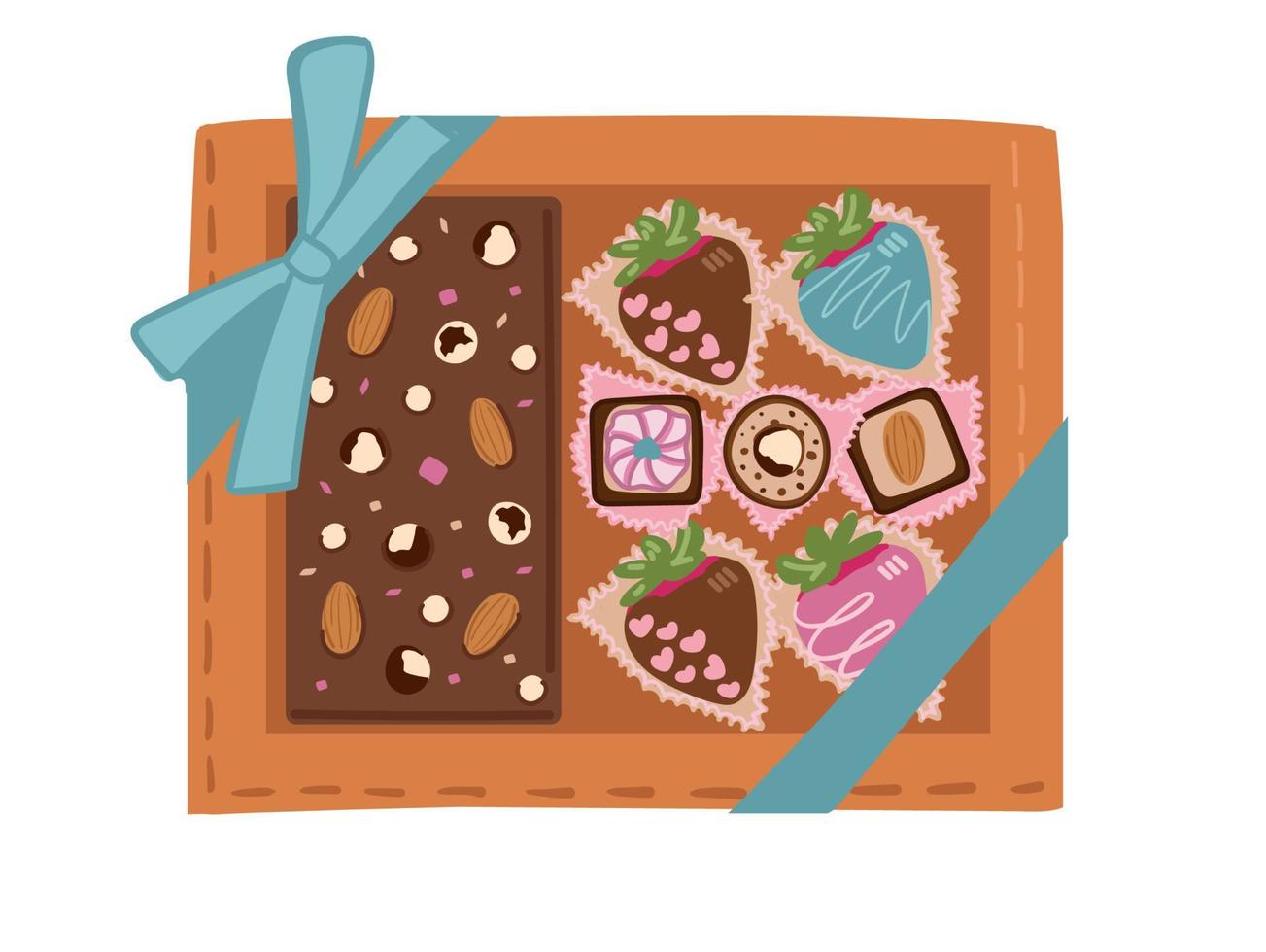 A box of chocolates as a gift. Sweets for Valentine s Day, Mother s Day, and Women s Day. Flat style, vector illustration.