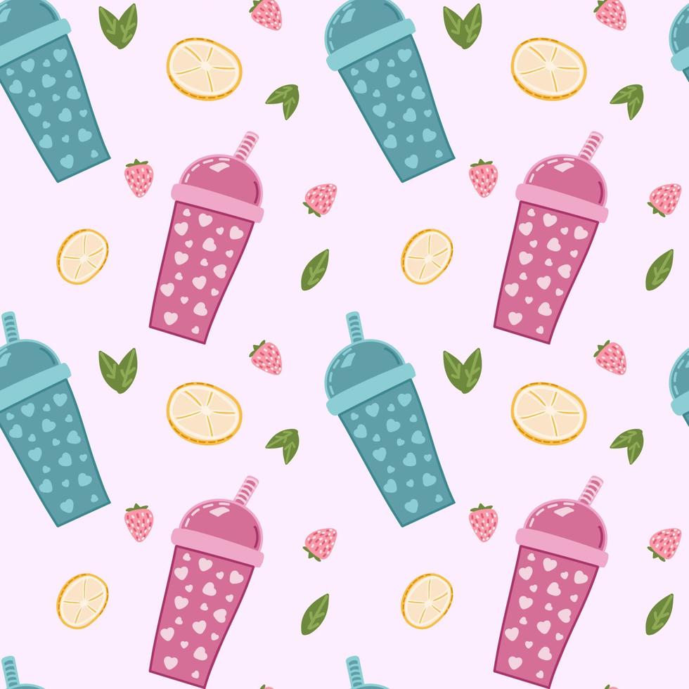 té de leche de burbujas divertido patrón sin costuras. kawaii sonrió bebidas dibujadas a mano con perlas de tapioca. linda ilustración vectorial de dibujos animados. fondo colorido con personajes de té helado. vector