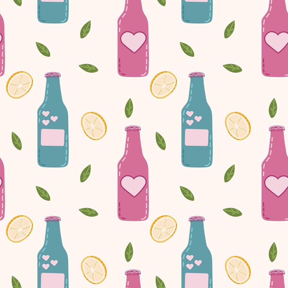 Cocktails seamless pattern. Repeating design element for printing on fabric. Symbol of summer season and hot weather. Refreshing drinks with ice, juice and soda. Cartoon flat, vector illustration.