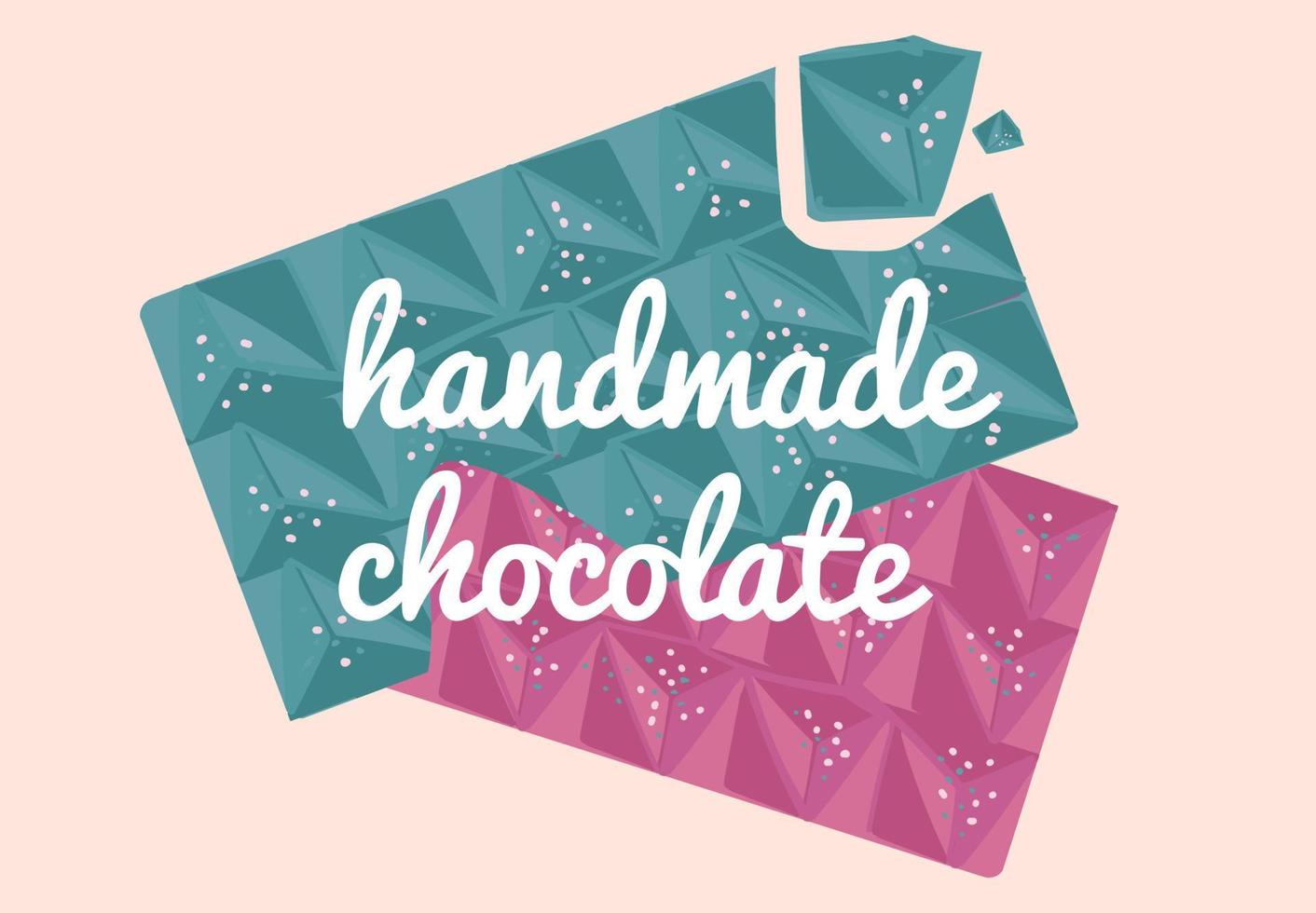 Handmade chocolate inscription. Hand drawn sketch cocoa chocolate product background. Vector illustration of natural healthy sweet food.