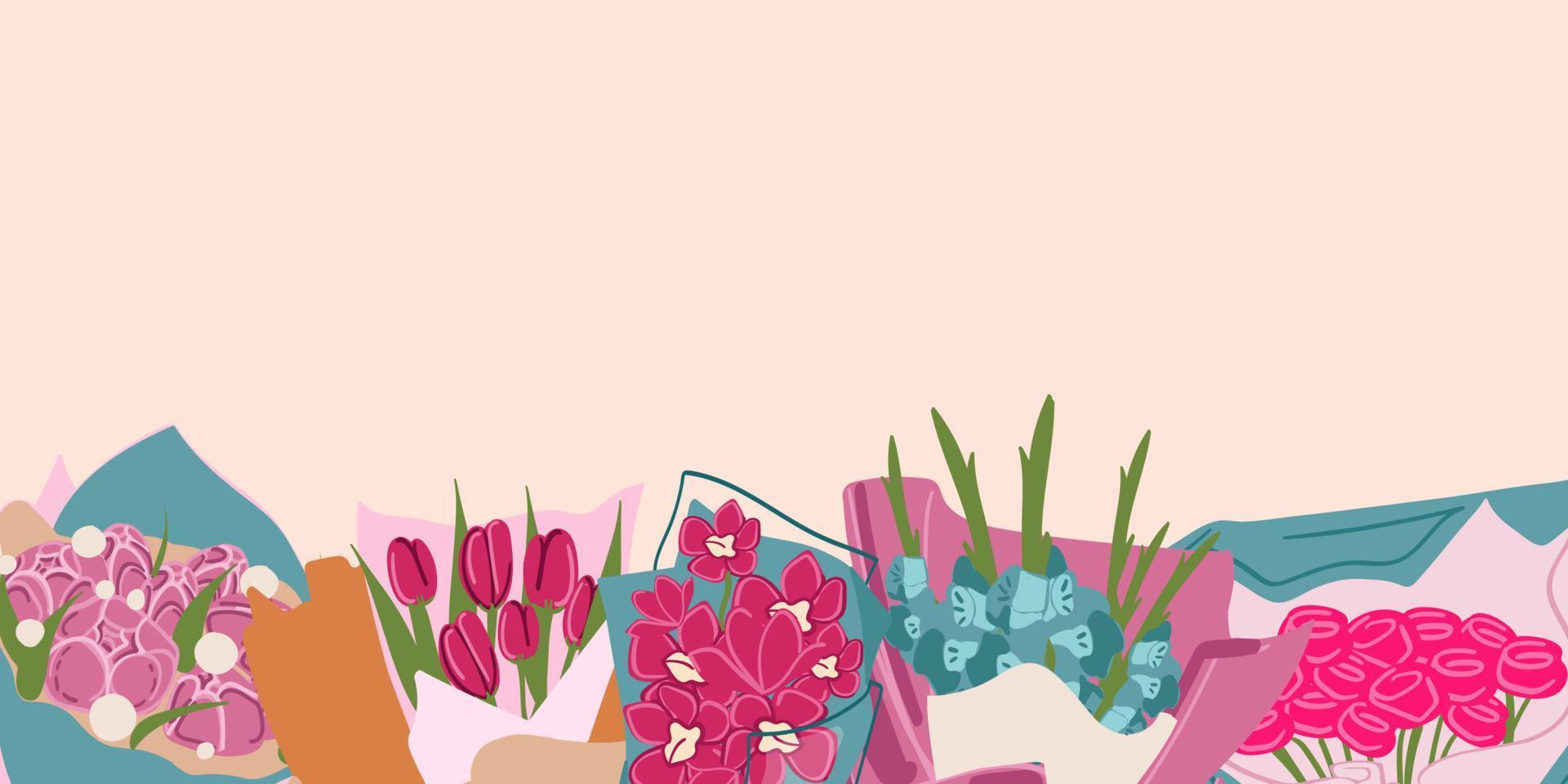 fondo con ramos de flores, día de san valentín, día de la mujer, diseño del día de la madre en estilo plano. fondo festivo, pancarta, tarjeta de felicitación y volante. ilustración vectorial vector