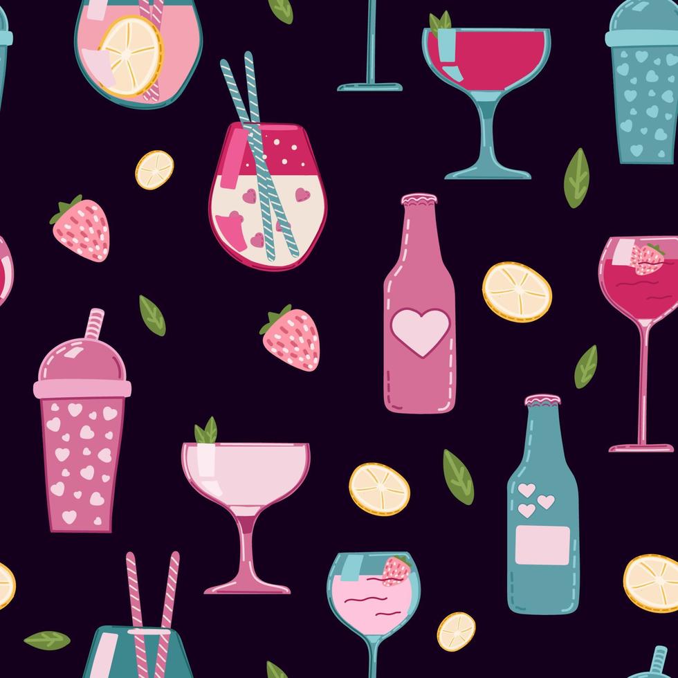 Cocktails seamless pattern. Repeating design element for printing on fabric. Symbol of summer season and hot weather. Refreshing drinks with ice, juice and soda. Cartoon flat, vector illustration.