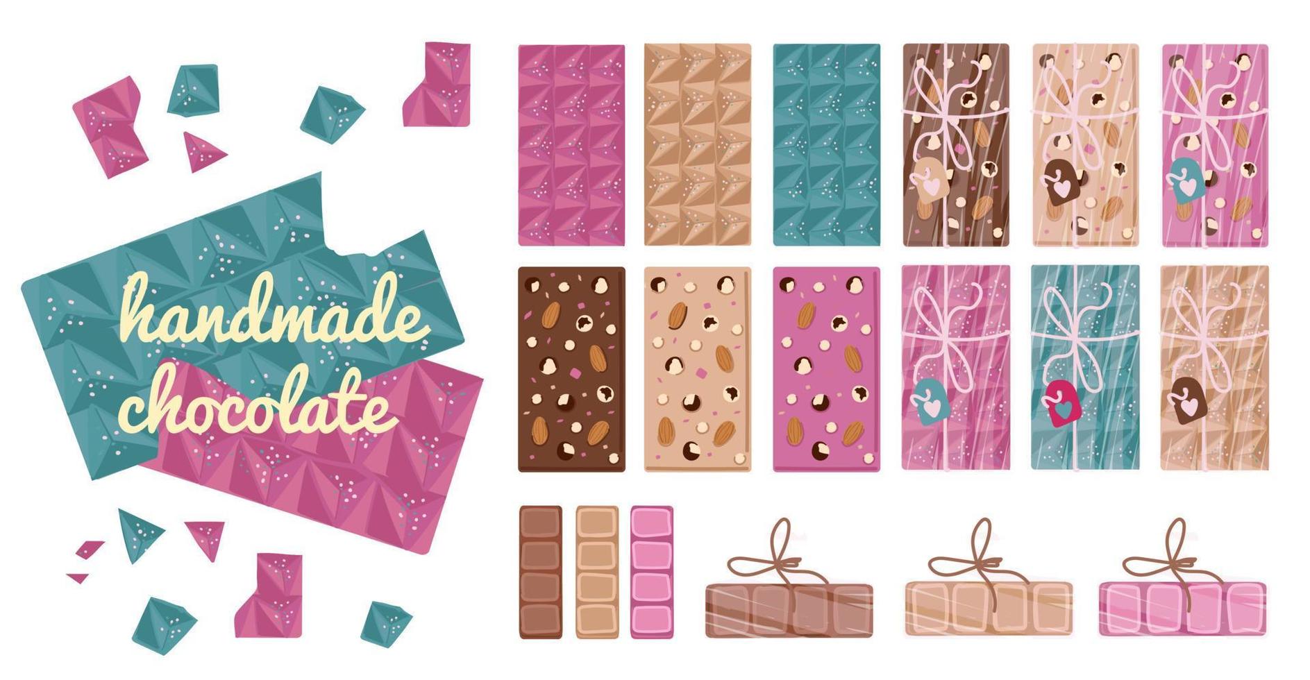 Handmade chocolate set. Pink, milk and white chocolate. Chocolate as a gift. Valentine s Day. Hand drawn sketch cocoa chocolate product background. Vector illustration of natural healthy sweet food.