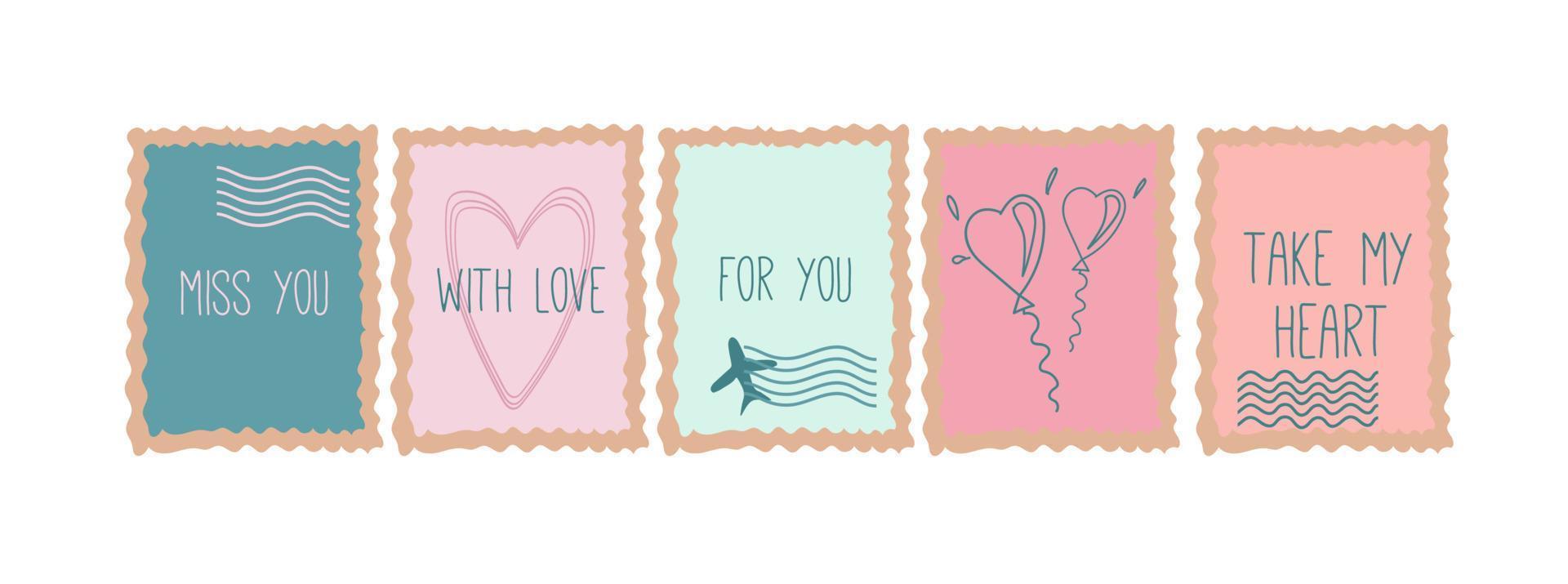 Vector collection of vintage post stamps for St. Valentine day, wedding design, invitation, congratulation, scrapbook. Romantic collection.