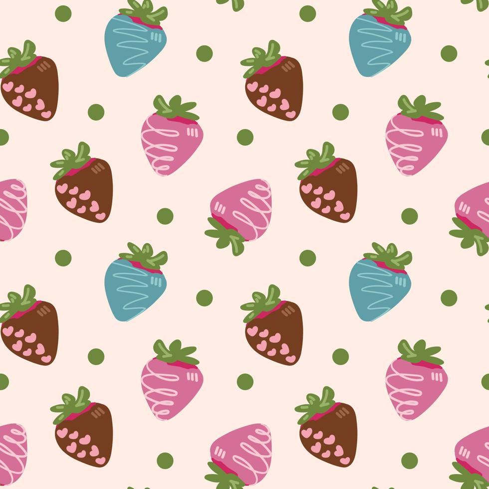 Seamless pattern with glazed strawberries in chocolate for Valentine s Day. Print for packaging paper, menu design, websites, textiles, etc. Vector flat design isolated on white background.