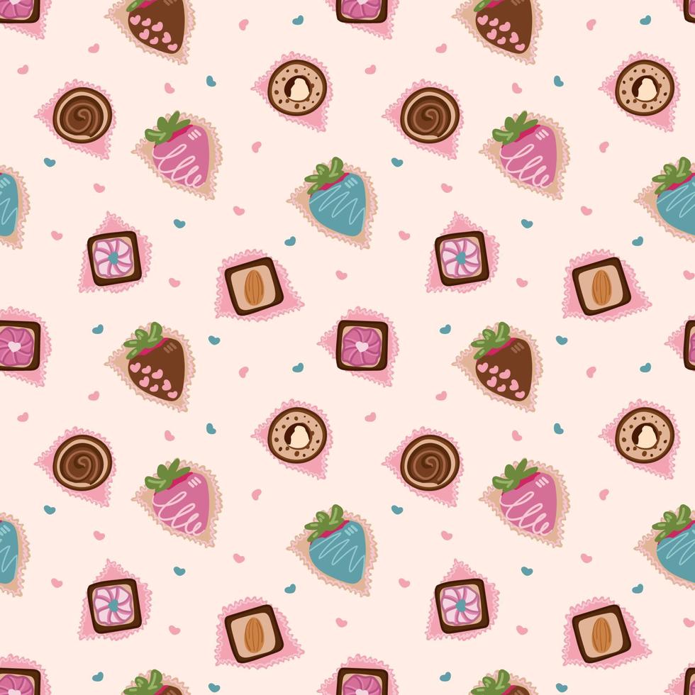 Seamless pattern with glazed strawberries in chocolate for Valentine s Day. Print for packaging paper, menu design, websites, textiles, etc. Vector flat design isolated on white background.