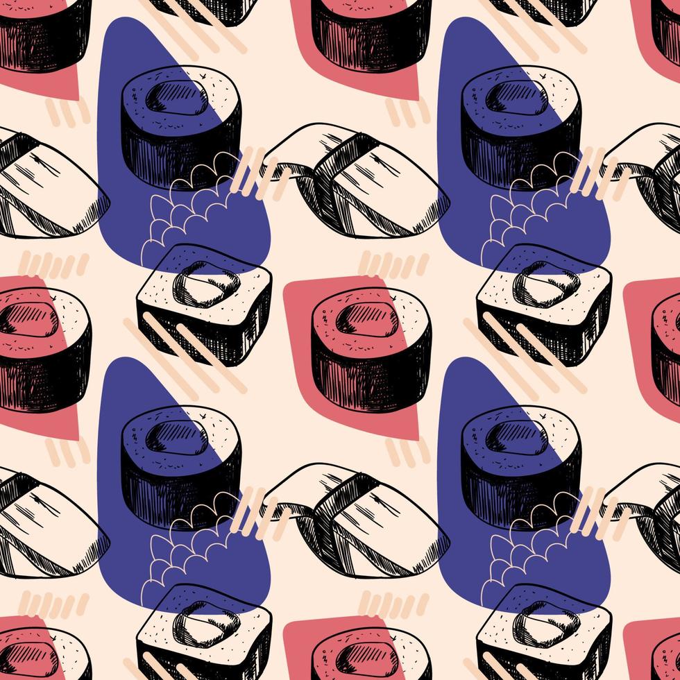 patrón de dibujo de boceto con sushi en blanco y negro. diseño de comida japonesa y asiática para moda, tela, textil, papel pintado, cubierta. ilustración vectorial vector