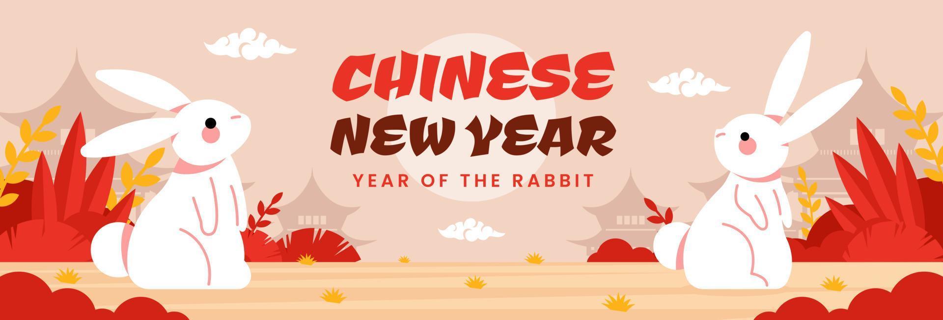 feliz año nuevo chino 2023 conejo vector banner horizontal diseño plano