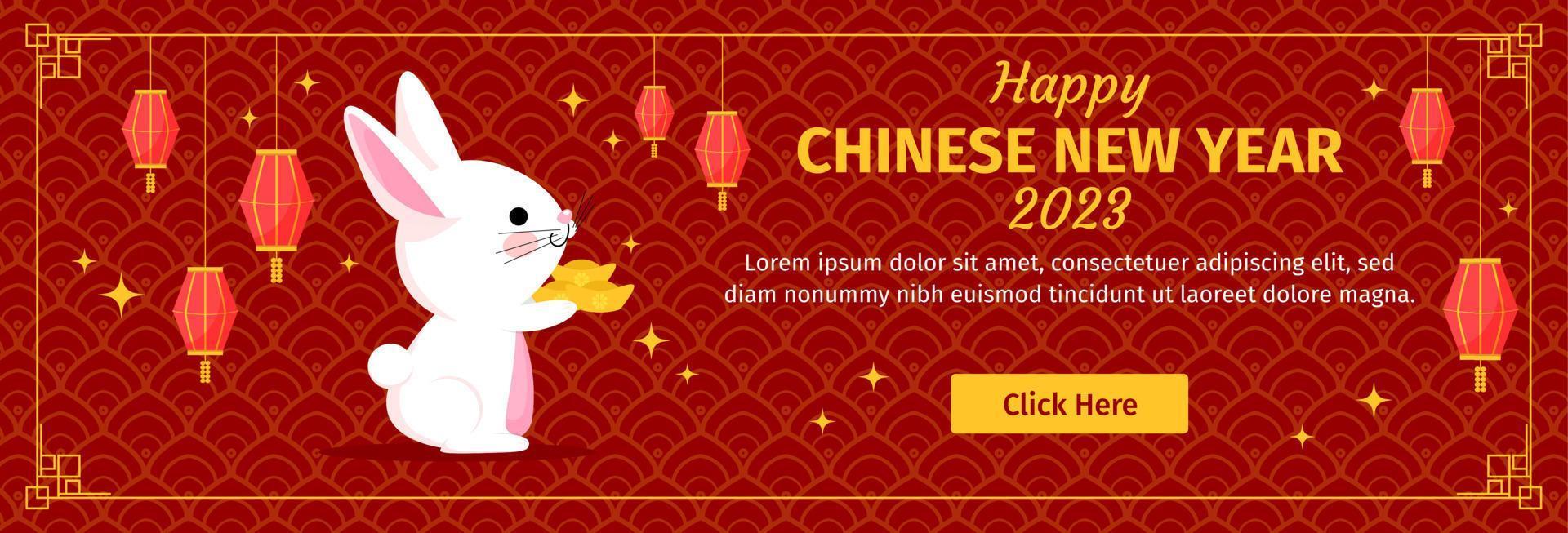 feliz año nuevo chino 2023 conejo vector banner horizontal diseño plano