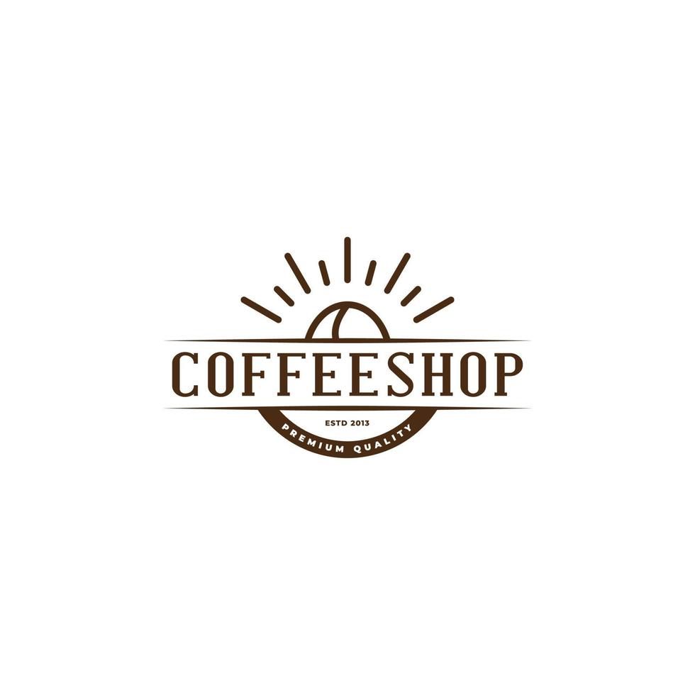 logo de cafetería vintage con arte lineal de sol y granos de café. vector