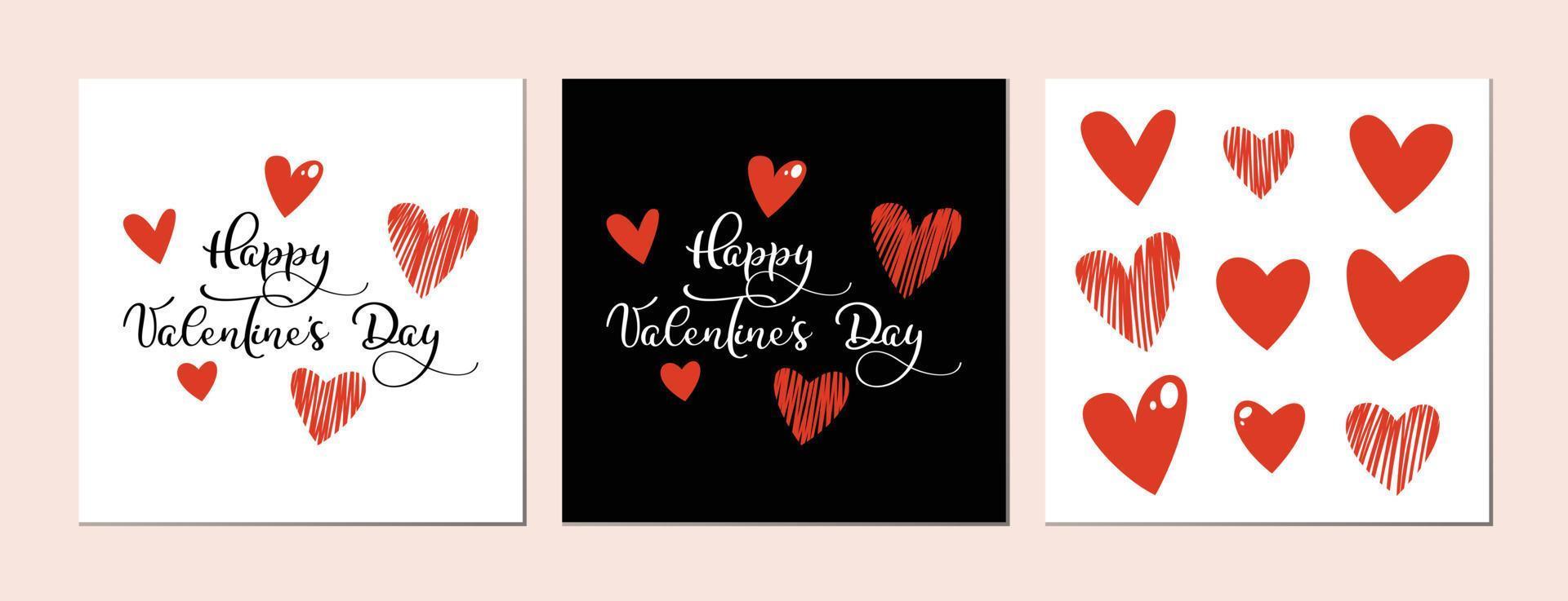 conjunto de tarjetas de felicitación brillantes y publicaciones en colores rojo y negro para el día de san valentín. vector