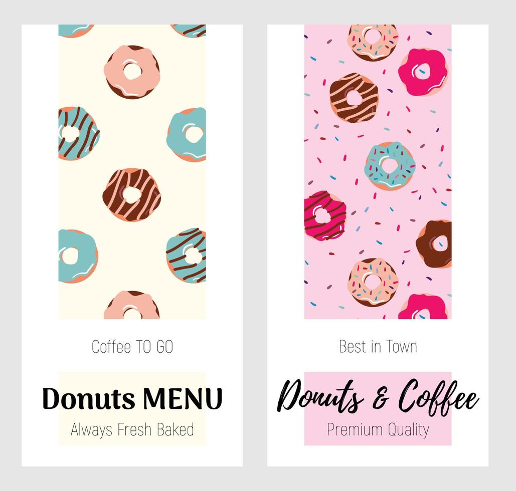 Drawn cute donuts and cups of coffee on a delicious pink and milky background. Perfect for a cafe and pastry shop, bakery shop. vector