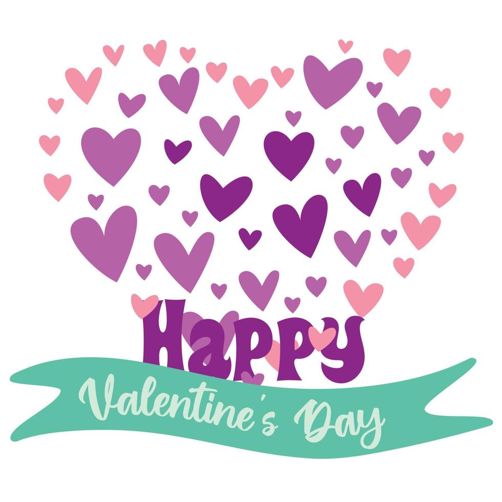 Happy Valentines Day. Big heart made of smaller pink and purple hearts. Heart and green ribbon vector