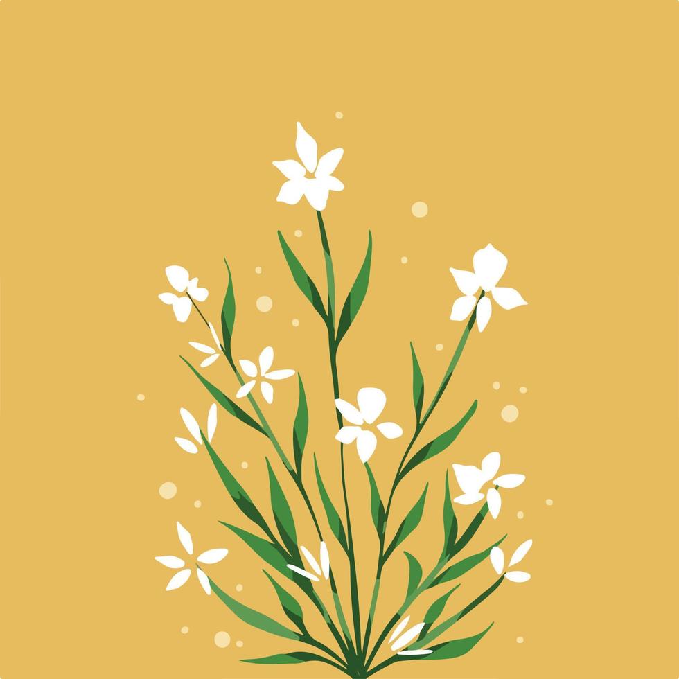 White flowers with green botanical leaves vector background isolated on plain background. Cartoon simple flat colored artwork drawing. Modern decorative backdrop for printing or social media post.