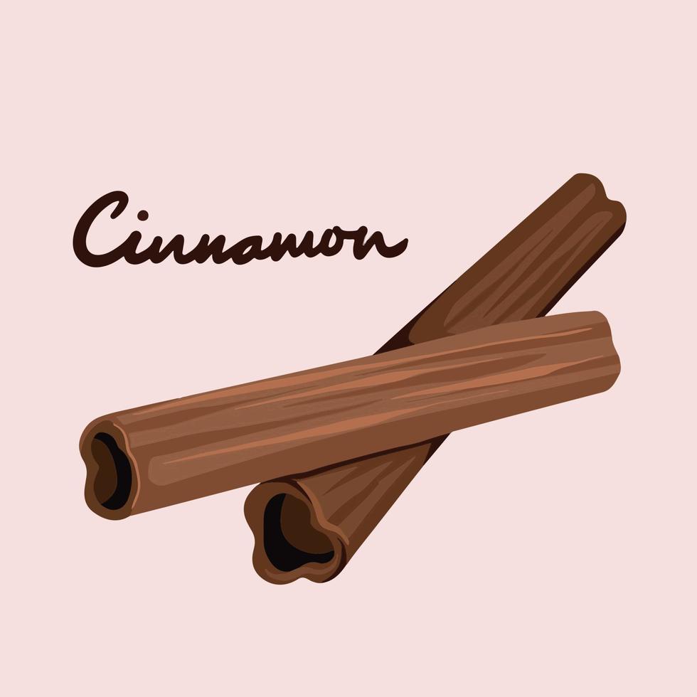 Dos ilustraciones de vectores de especias dulces de canela doble. dibujo de ingredientes de cocina de alimentos con dibujos animados simples de color plano aislados en un fondo marrón claro.