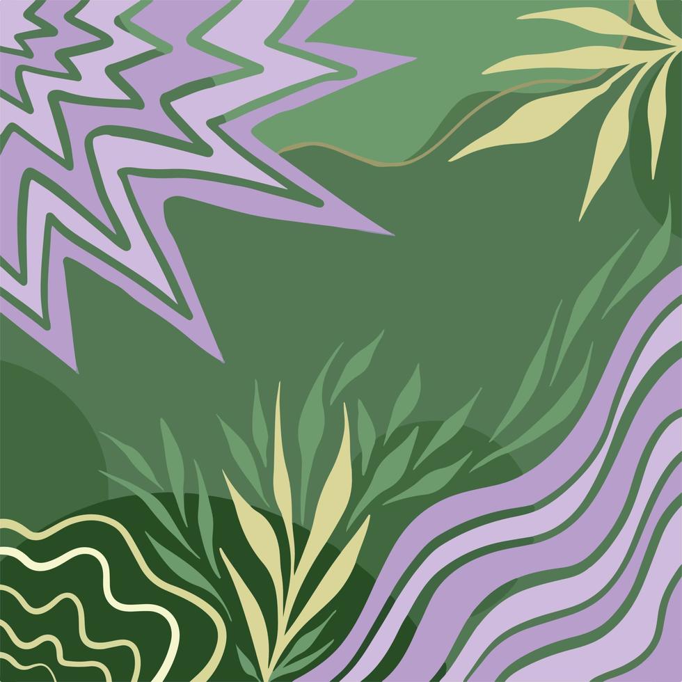 Green and purple trendy vector background with decorative shaped element and leaf botanical square wallpaper isolated. Social media cover, paper print template, and backdrop wall decor.