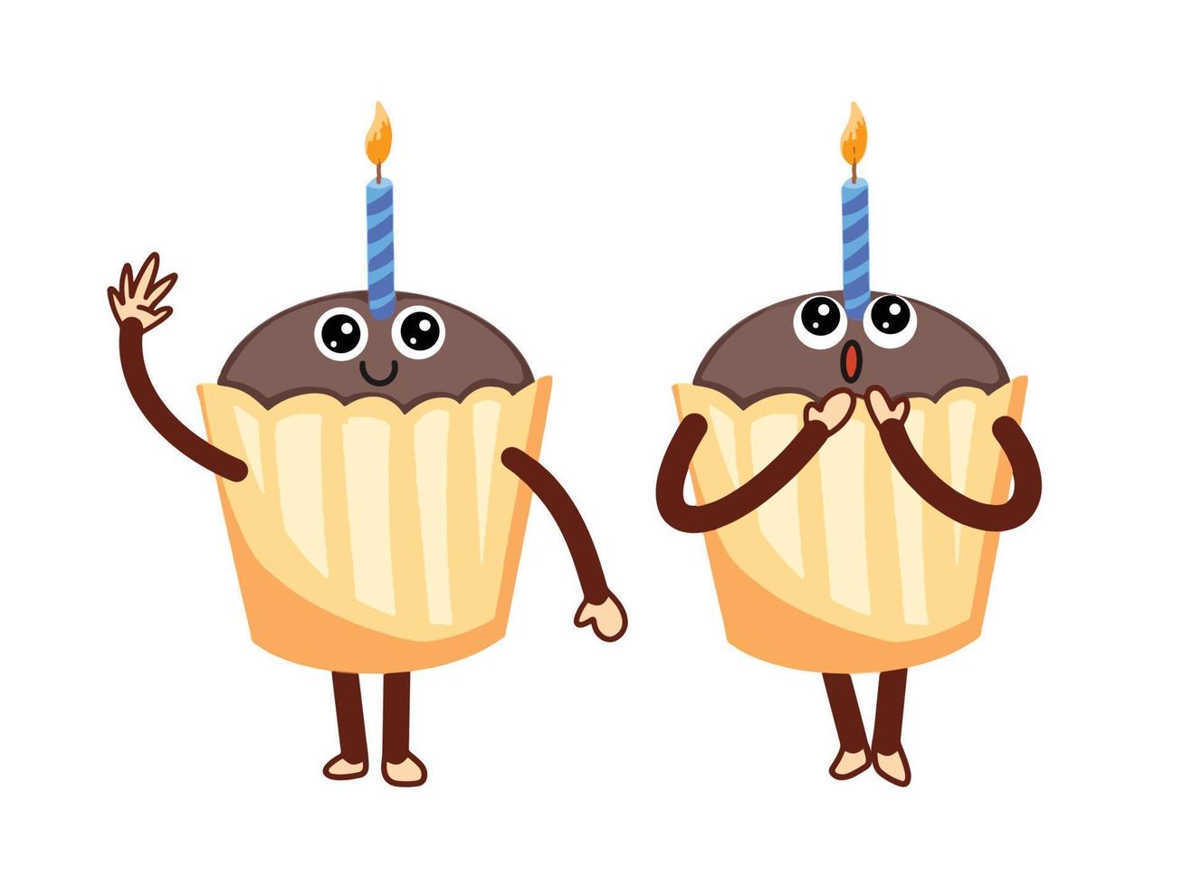 Cupcake chocolate flavored vector character mascot with facial expression and hand gesture isolated on plain white background. Cute sweet food drawing with simple flat art style.