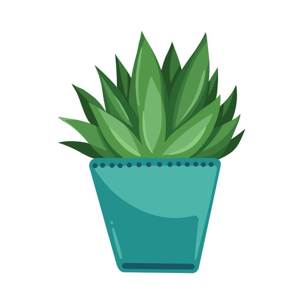 Small green botanical leaves house plant in blue pot vector illustration isolated on plain white background. Cartoon natural drawing with simple and flat color art style.