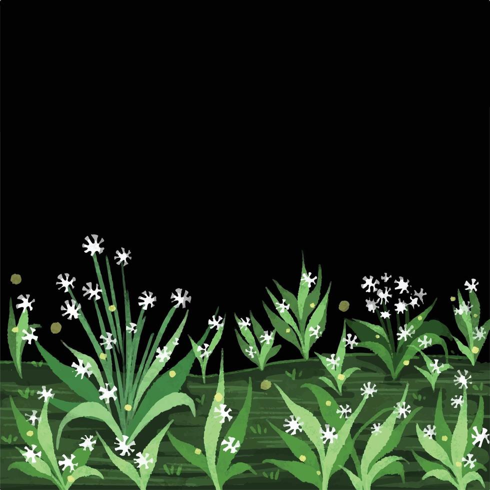 fondo negro con diseño estético. plantas de flores blancas abstractas naturales con hojas verdes. fondo vectorial aislado para publicaciones en medios sociales, impresión de notas en papel, pegatinas y otros fines. vector