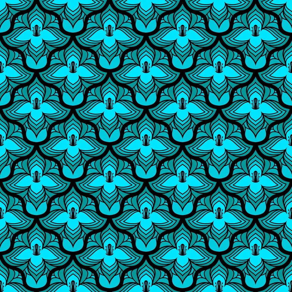 BLACK SEAMLESS VECTOR ART NOUVEAU BACKGROUND WITH TURQUOISE FLOWERS
