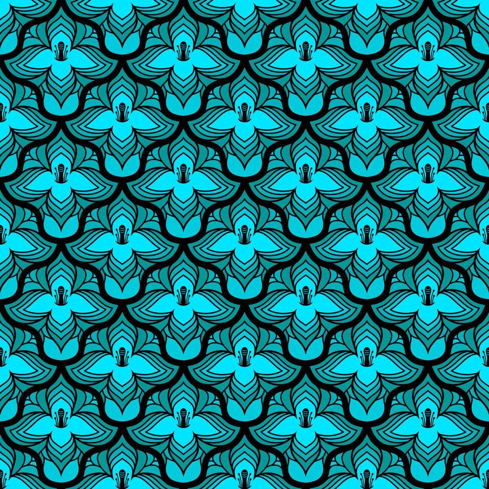 BLACK SEAMLESS VECTOR ART NOUVEAU BACKGROUND WITH TURQUOISE FLOWERS