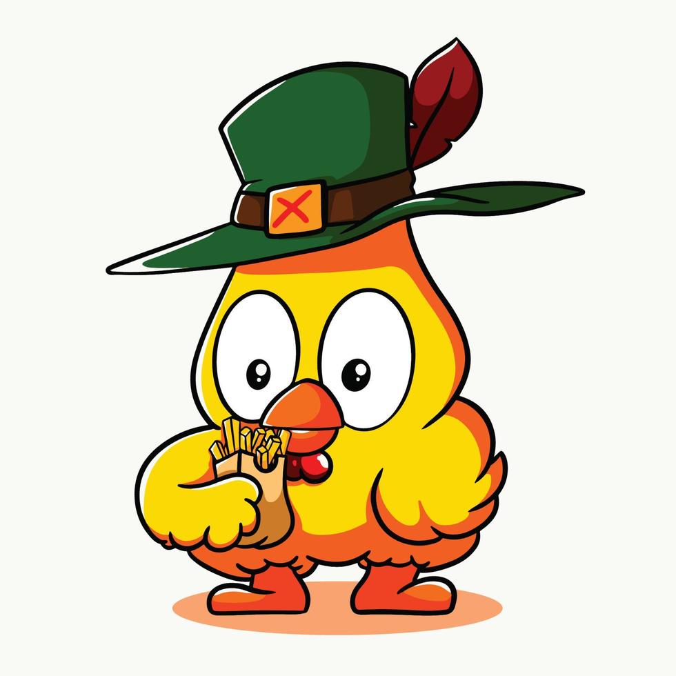 cartoon chicken eating french fries vector