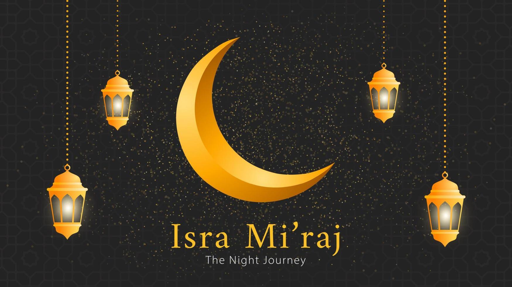 Isra mi'raj template design with golden crescent moon and lantern. Islamic background for greeting cards, banners, posters. Vector illustration