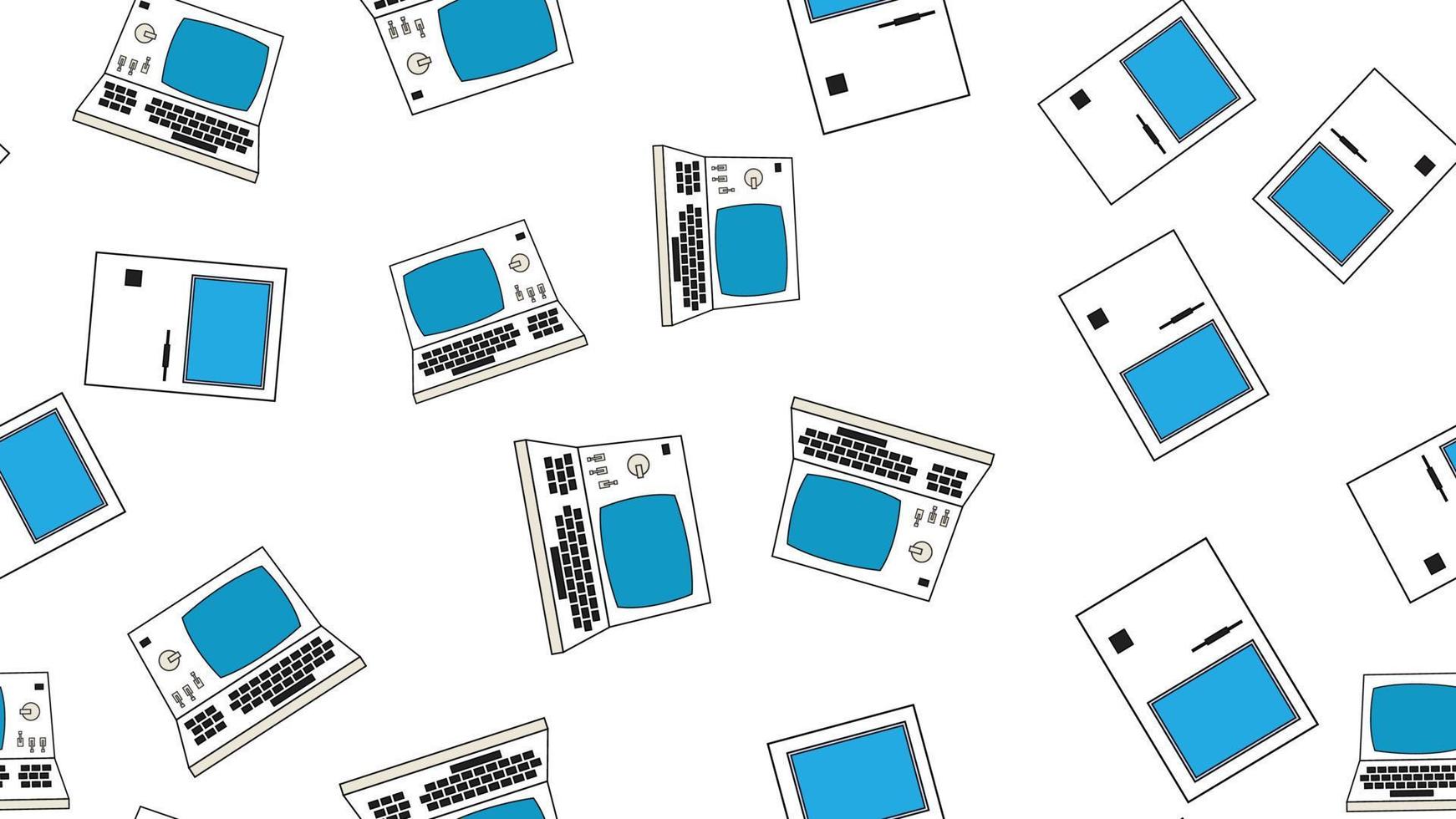 Seamless pattern endless computer with old retro computers, vintage white hipster pc from 70s, 80s, 90s isolated on white background. Vector illustration
