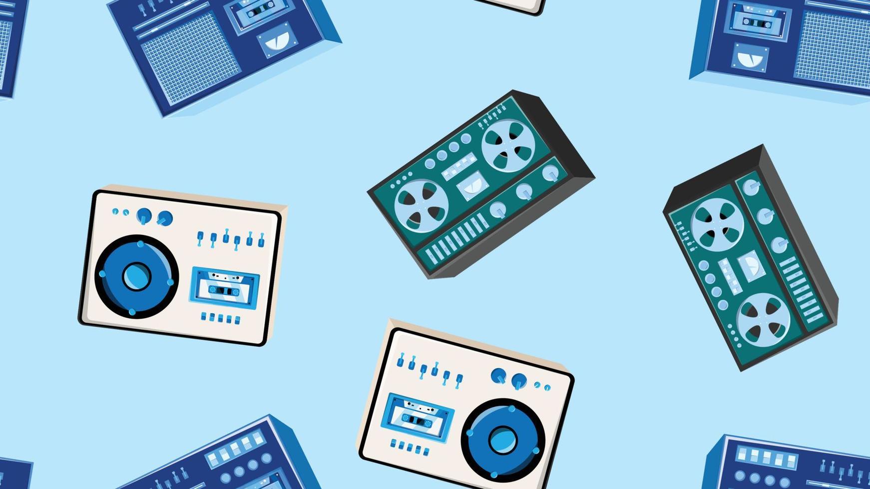 Seamless pattern endless with music audio cassette old retro tape recorders vintage hipster from 70s, 80s, 90s isolated on blue background. Vector illustration