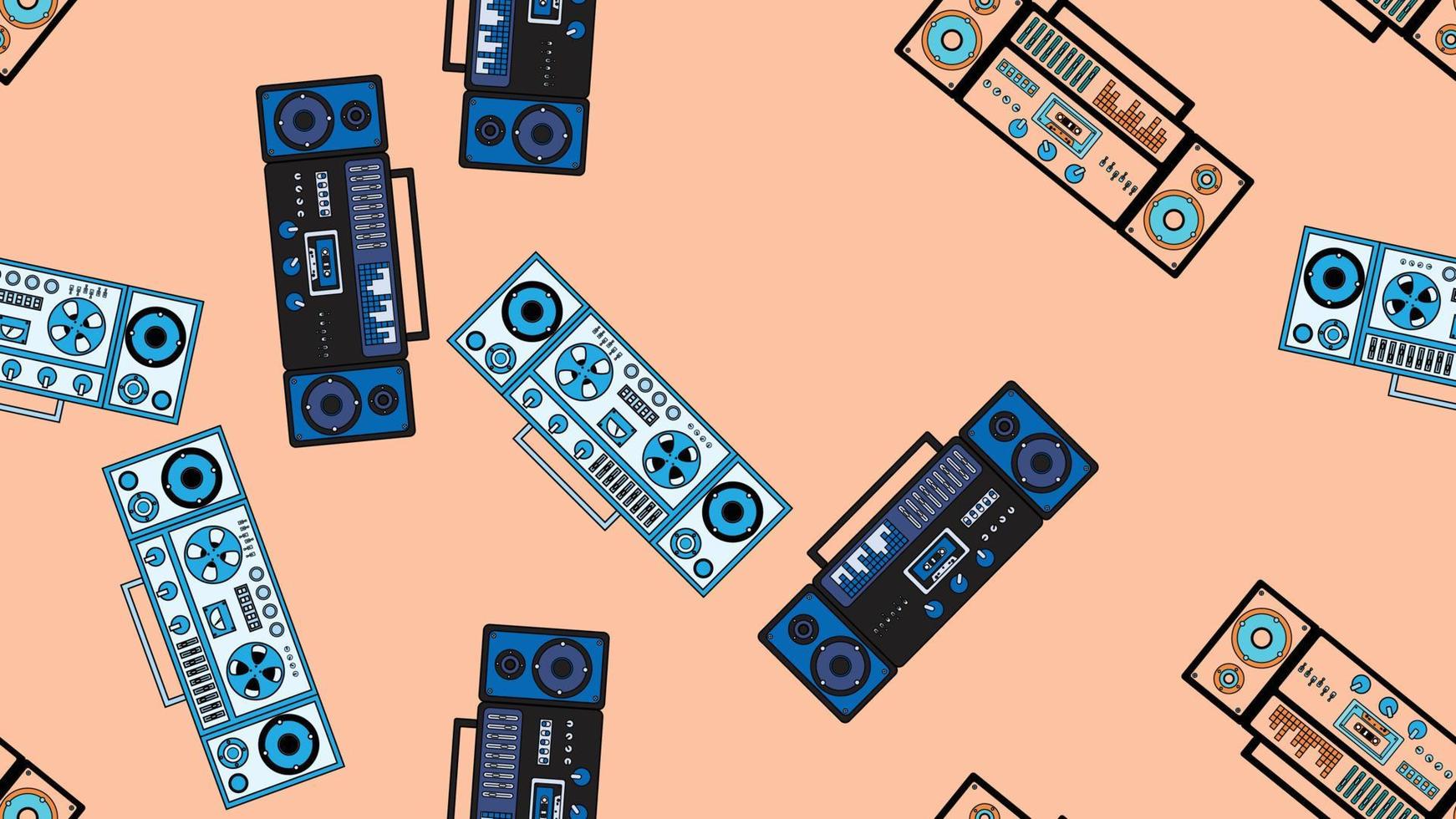 Seamless pattern endless with music audio cassette old retro tape recorders vintage hipster from 70s, 80s, 90s isolated on brown background. Vector illustration