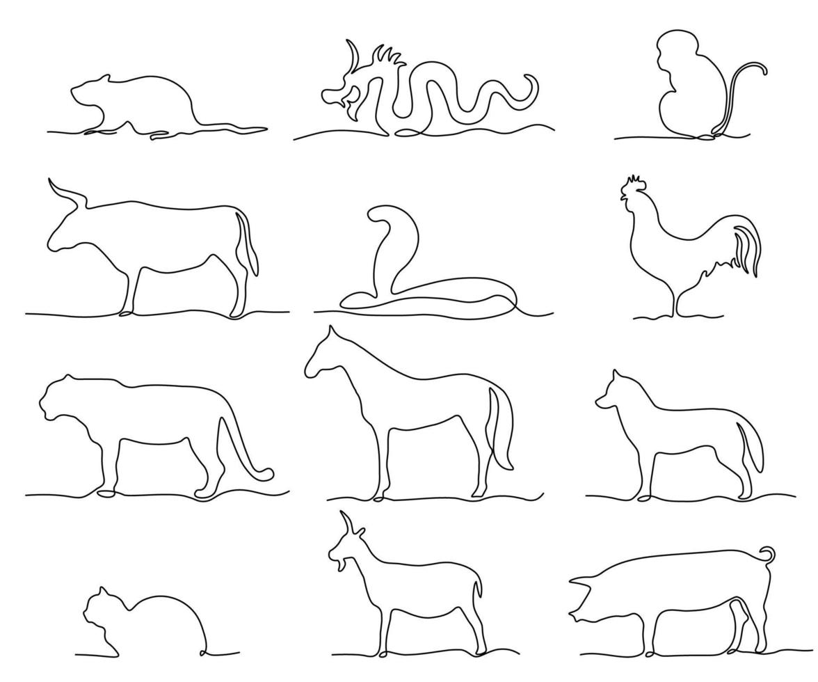 set of animals, symbols of the year according to the Chinese calendar,hand drawn, continuous mono line, one line art vector